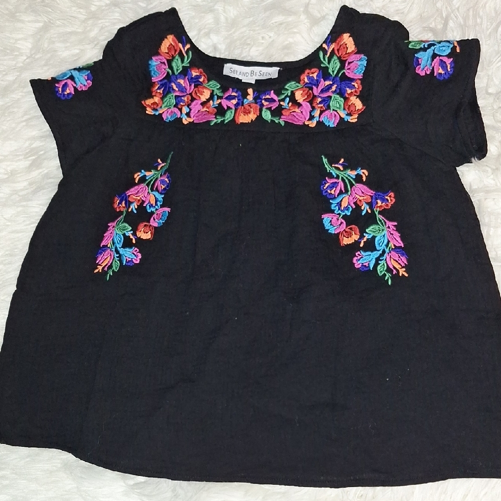 Black Boxy Embellished Blouse with Pink Accents